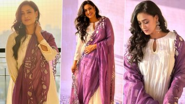 Shweta Tiwari's White Anarkali Kurta Paired With Purple Floral Dupatta is Subtle Ethnic Fashion Done Right! (View Pics)
