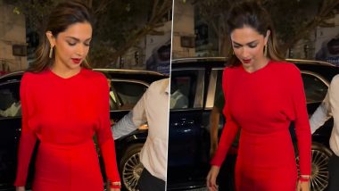 Deepika Padukone Stuns in Full-Sleeved Red Dress With Matching Heels for Party in Mumbai (Watch Video)