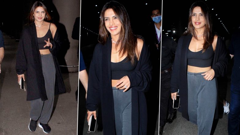 Priyanka Chopra Perfectly Aces Airport Style in Sleeveless Black Crop Top With Grey Trousers and Long Shrug As She Arrives in Mumbai (See Pics)