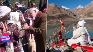 PM Narendra Modi Interacts, Takes Blessings From Locals Amid Chant of 'Bharat Mata Ki Jai' at Gunji Village in Uttarakhand (Watch Video)