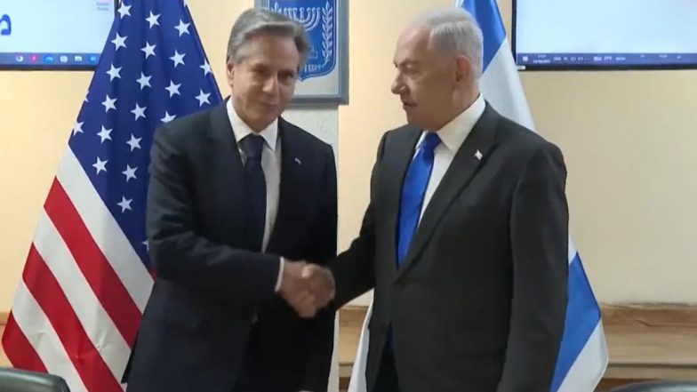 'We Are Here, Not Going Anywhere': Antony Blinken Meets Benjamin Netanyahu in Tel Aviv, Assures Strong US Support to Israel Over Hamas Attacks (Watch Video)