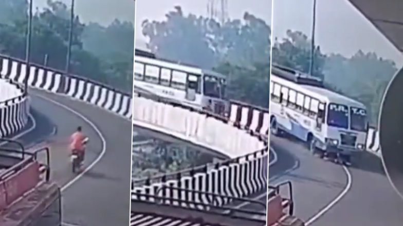 Punjab Road Accident: Man Riding on Wrong Side of Empty Flyover Gets Crushed Under Speeding Bus in Patiala (Watch Video)