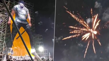 Prabhas Birthday: Hyderabad Fans Mark the Occasion With a Spectacular 230-Feet Cutout and Fireworks Display! (Watch Video)