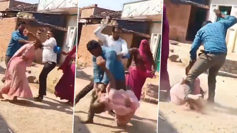 Uttar Pradesh Shocker: Two Men Mercilessly Beat Lady, Throw Her On Ground in Hamirpur; Arrested After Video Goes Viral