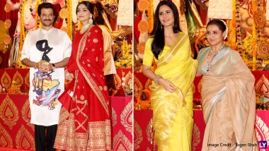 Sonam Kapoor, Katrina Kaif, Rani Mukerji and More Celebs Grace North Bombay Sarbojanin Durga Puja Pandal with Elegance and Devotion (View Pics)