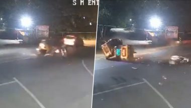 Palghar Road Accident Video: Scooty Collides With Auto Rickshaw While Taking Turn in Boisar, Terrifying Visuals Surface