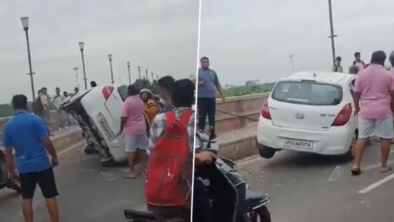 Lucknow Road Accident: Narrow Escape for Passengers as Speeding Car Overturns, Video Surfaces