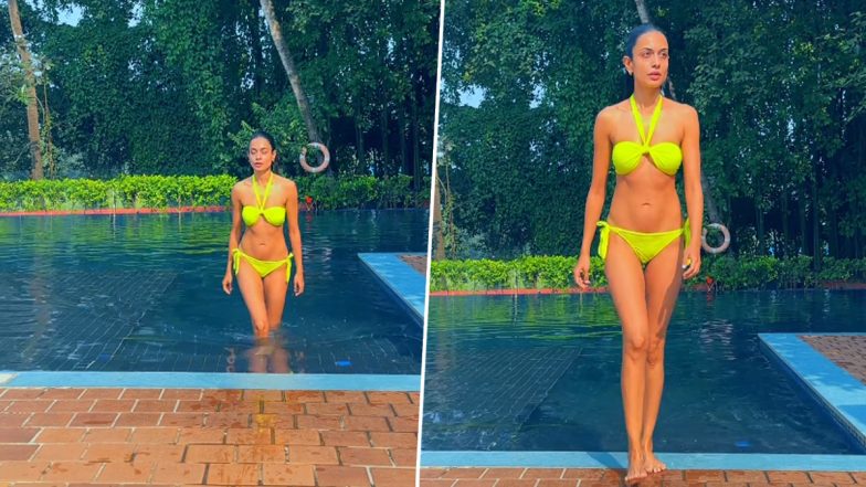 Sarah-Jane Dias Shows Off Her Sexy Curves in Neon Lime Bikini As She Recreates 'Bond Girl Moment' (Watch Video)