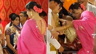 Kajol Narrowly Avoids a Serious Accident As She Stumbles at Durga Puja Pandal in Mumbai (Watch Video)