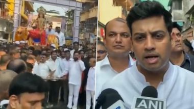 Navratri 2023: Maharashtra CM Eknath Shinde and His Son Shrikant Shinde Participate in Shardiya Utsav Procession in Thane (Watch Video)
