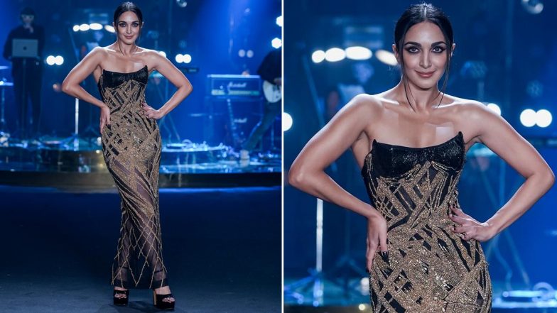 Lakme Fashion Week 2023: Kiara Advani Walks Down the Ramp in Black and Golden Gown for Falguni Shane Peacock