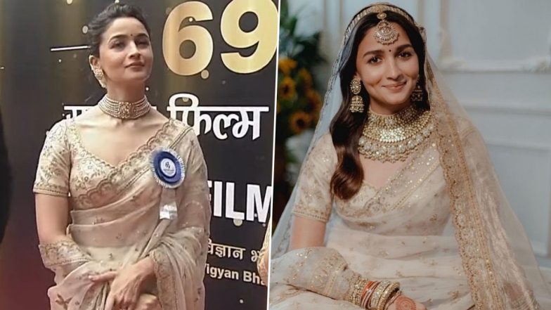 69th National Film Awards: Alia Bhatt Wears Her Wedding Saree As She Arrives for the Prestigious Event With Ranbir Kapoor (View Pics & Video)