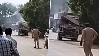 Agra Fire Video: Cement-Laden Truck Engulfed in Flames in Etmaddaula Police Station Vicinity in Nunihai, Viral Clip of Blaze Surfaces