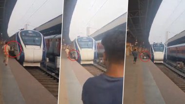 West Bengal: Man Tries to Board Departing Vande Bharat Train at Howrah Railway Station, RPF Officer Saves Latter Before Slipping Onto Tracks (Watch Video)