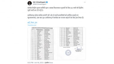 Chhattisgarh Assembly Elections 2023: From Arun Vora to Vikas Upadhyay, Congress Releases Second List of 53 Candidates; Check Candidate Names and Their Constituencies