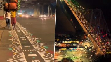 Durga Puja 2023: Kolkata's Howrah Bridge Comes Alive with 'Alpana' Art Ahead of the Festival (Watch)