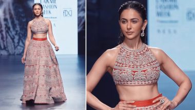 Lakme Fashion Week 2023: Rakul Preet Singh Grabs Eyeballs in Her Red Embroidered Lehenga for Designer Bhumika Sharma