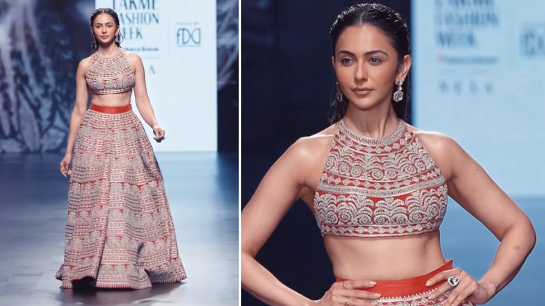 Lakme Fashion Week 2023: Rakul Preet Singh Grabs Eyeballs in Her Red Embroidered Lehenga for Designer Bhumika Sharma