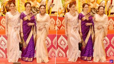 Hema Malini, Esha Deol and Rani Mukerji Radiate Elegance As They Arrive at Mumbai’s Durga Puja Pandal in Traditional Sarees (Watch Video)