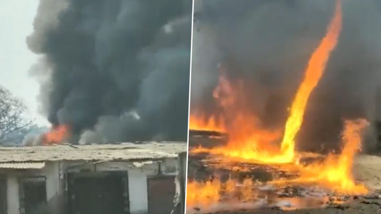 Thane Fire Video: Blaze Erupts at Chemical Godown in Bhiwandi, Footage Shows Raging Flames and Thick Cloud of Smoke