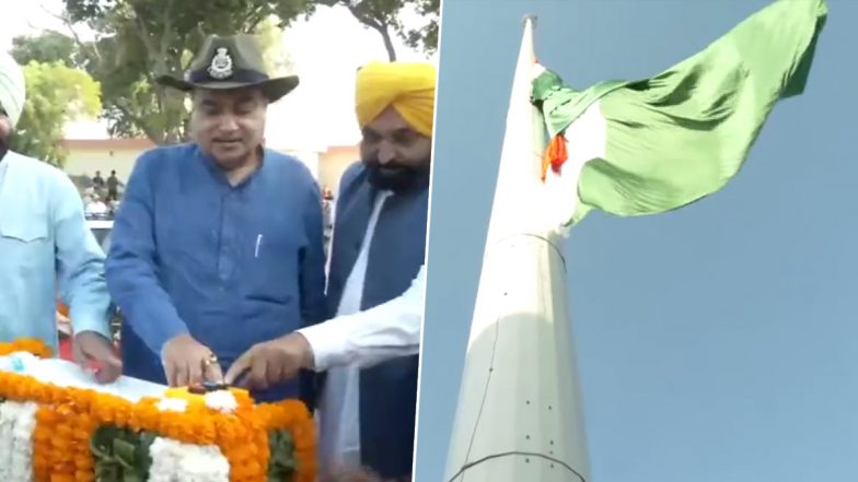 Punjab: Union Minister Nitin Gadkari Unfurls Tallest National Flag at Attari-Wagah Border in Amritsar (Watch Video)