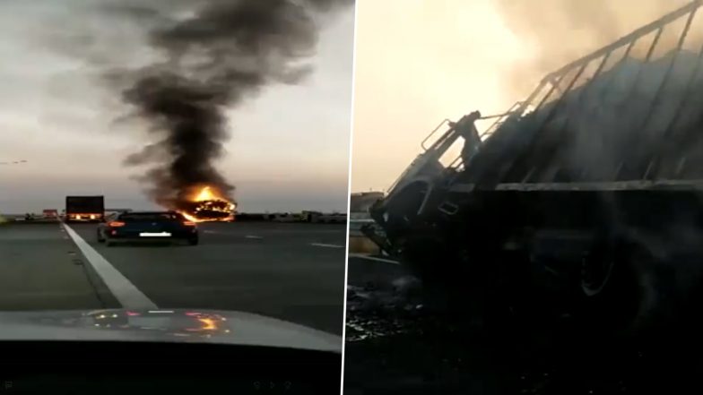 Samruddhi Expressway Accident Video: Truck Gutted in Fire After Colliding With Divider in Maharashtra's Washim