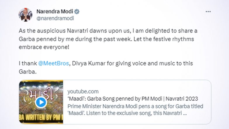 Navratri 2023: PM Narendra Modi Writes New Garba Song 'Maadi', Thanks MeetBros and Divya Kumar for Giving Voice and Music (Watch Video)