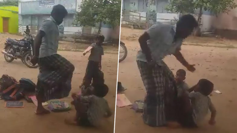 Tamil Nadu Shocker: 'Drunk' Man Caught on Camera Abusing, Kicking Kids at Government School in Tiruchirappalli, Arrested; Disturbing Video Goes Viral