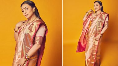 Rani Mukerji Shells Out Major Ethnic Fashion Goals in Beige and Golden Silk Saree Tied in Bangla Style (See Pics)