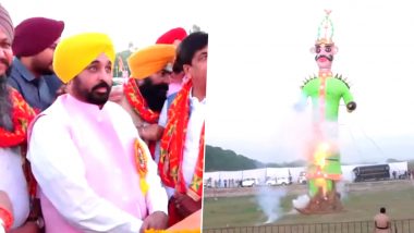Ravan Dahan Video: Punjab CM Bhagwant Celebrates Burning of Ravan's Effigy in Hoshiarpur on Occasion of Dussehra (Watch Video)