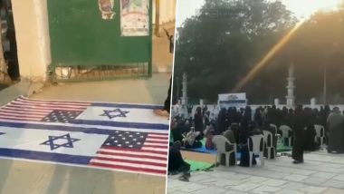 Israel-Hamas Conflict: Women Gather at Dargah Ground to Express Solidarity With Palestine in Telangana, National Flags of Israel and US Seen on Ground (Watch Video)