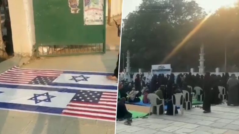 Israel-Hamas Conflict: Women Gather at Dargah Ground to Express Solidarity With Palestine in Telangana, National Flags of Israel and US Seen on Ground (Watch Video)