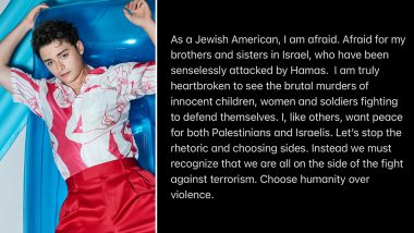 Noah Schnapp Addresses Israel-Hamas War in New Post, Stranger Things Actor Writes 'You Either Stand With Israel Or With Terrorism'