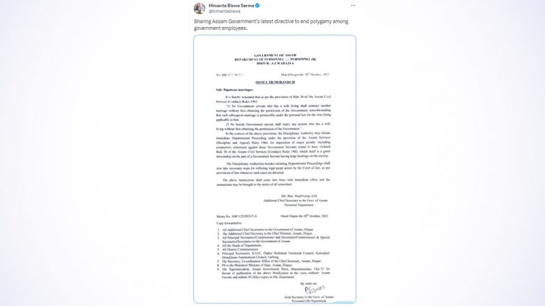 Himanta Biswa Sarma Shares Order to End Polygamy Among Government Employees in Assam, All Staffers Need Govt's Permission for Second Marriage