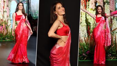 Karwa Chauth 2023 Fashion: Elli AvrRam's Red Floral Saree Paired With Sleeveless Blouse is the Perfect Pick for Festive Season (See Pics)