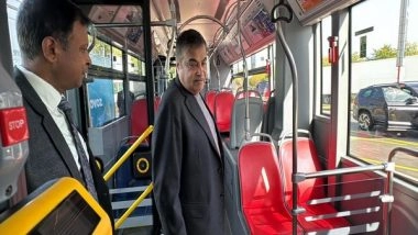 World News | Union Minister Nitin Gadkari Takes Test Drive in Hydrogen Bus in Prague 