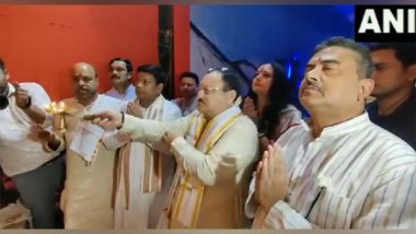 Durga Puja 2023: BJP President JP Nadda Offers Aarti to Goddess Durga at Puja Pandal in Howrah (Watch Video)