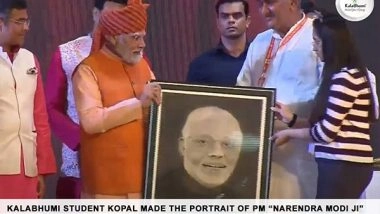 Business News | Kalabhumi Arts Student Kopal Presents Handmade Charcoal Portrait to PM Narendra Modi at Ramlila Celebration