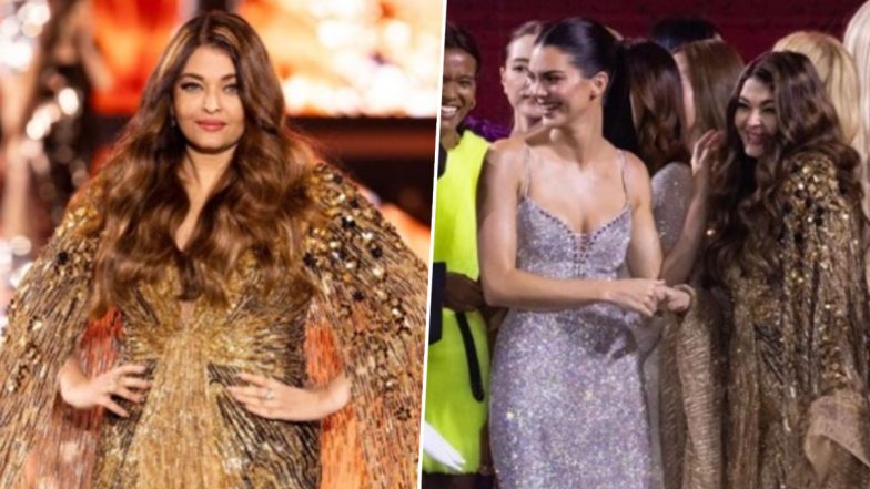 Aishwarya Rai Bachchan Dazzles in Golden Gown at Paris Fashion Week 2023, Poses With Kendall Jenner (Watch Video)