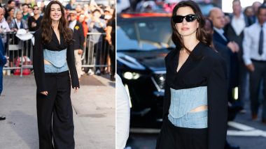 Anne Hathaway Slays in Black Dion Lee Corset Blazer Suit With a Denim Twist at Latest Morning Show Appearance