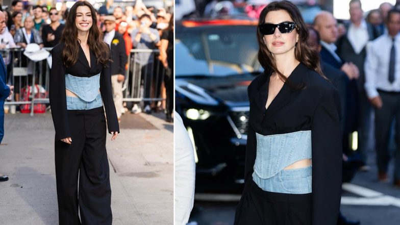 Anne Hathaway Slays in Black Dion Lee Corset Blazer Suit With a Denim Twist at Latest Morning Show Appearance