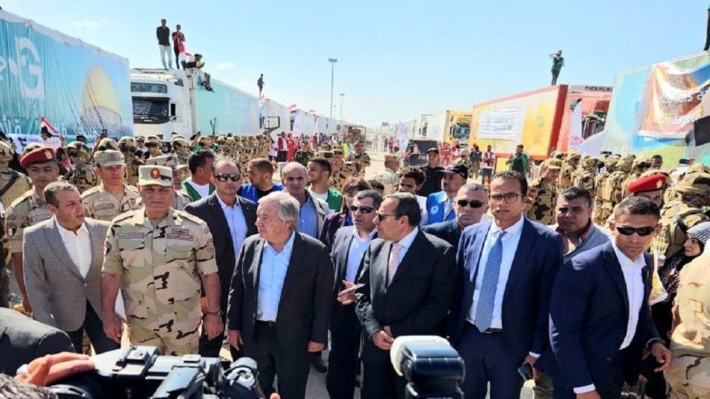 Israel-Hamas War: UN Secretary-General Antonio Guterres Arrives at Rafah Crossing To Oversee Delivery of Humanitarian Aid to Gaza (See Pics and Video)