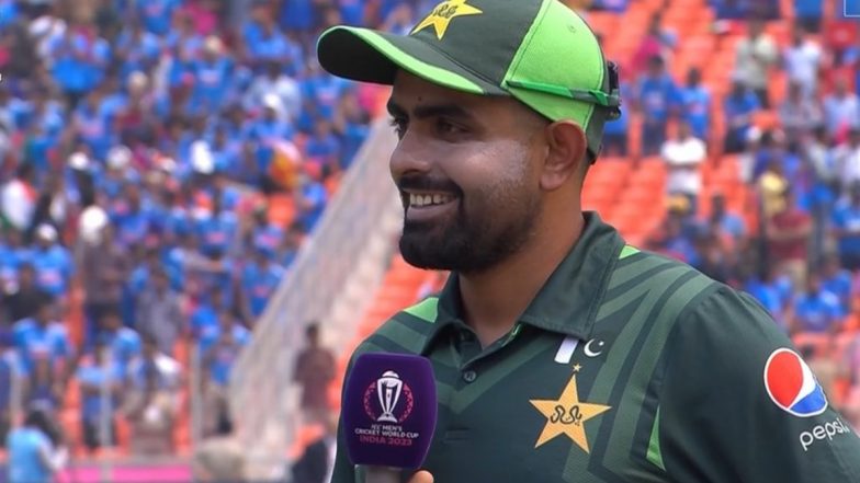 Pakistan Captain Babar Azam Booed by Crowd at Ahmedabad’s Narendra Modi Stadium As He Speaks During IND vs PAK CWC 2023 Toss (Watch Video)