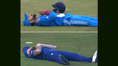 ‘Same Energy’ Netizens Find Similarities Between Ben Stokes and Virat Kohli’s Celebrations As England All-Rounder Falls Over After Taking Catch During ENG vs SA CWC 2023 Match