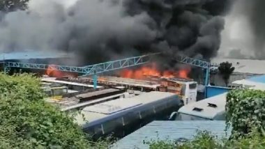 Bengaluru Fire Video: Massive Blaze Erupts in Private Buses Parked at Bus Depot in Veerabhadranagar, Viral Clip Shows Black Smoke Covering Skies