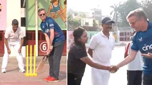 British High Commissioner to India Alex Ellis Playing Cricket With Students of Prerna Girls School in Lucknow (Watch Video)