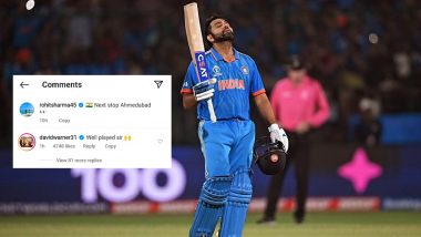 ‘Well Played Sir’ David Warner Drops Comment on Rohit Sharma’s Instagram Post, Lauds Indian Captain’s Fiery Century in IND vs AFG CWC 2023 Match