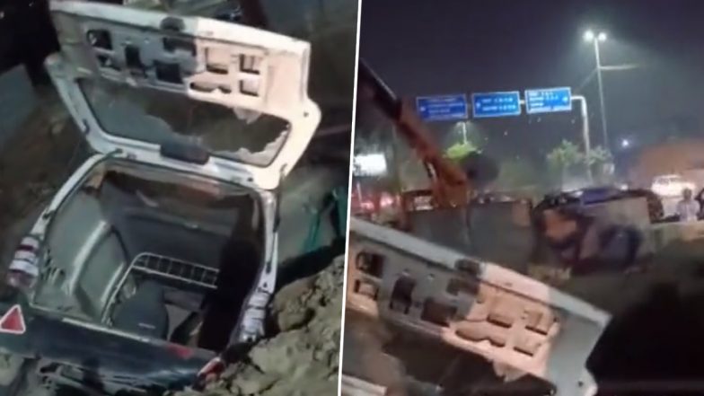 Delhi Road Accident Video: Car Falls Into Under-Construction Sewer on Road in Dwarka's Madhu Vihar Area