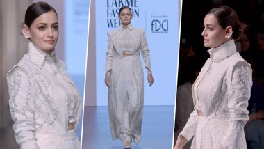 Lakme Fashion Week 2023: Dia Mirza Spells Glam in All-White Outfit as She Graces the Runway (Watch Video)