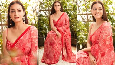 Dia Mirza Radiates Elegance in Red Floral Saree Paired With Matching Sleeveless Blouse (See Pics)